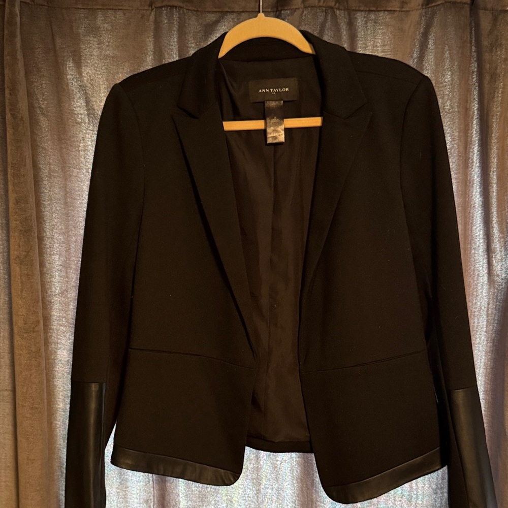 Ann Taylor Black Women's Open-Front Blazer with Faux Leather Trim